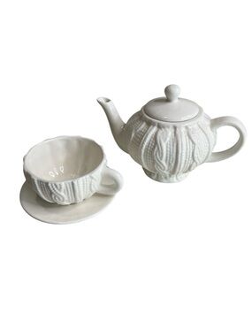 PC Ceramic Tea For One Teapot and Teacup Set White CableKnit Textured 3 Pc